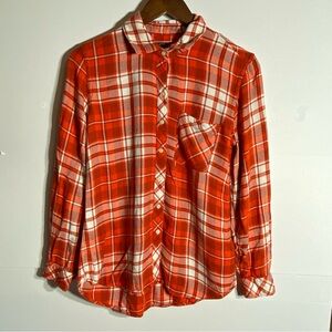 GAP Vibrant Orange & White Plaid Flannel Long Sleeve Relaxed Boyfriend Shirt